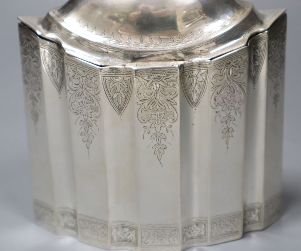 A late Victorian 18th century style shaped oval tea caddy, John Edward Wilmot, Birmingham, 1894 (repaired),